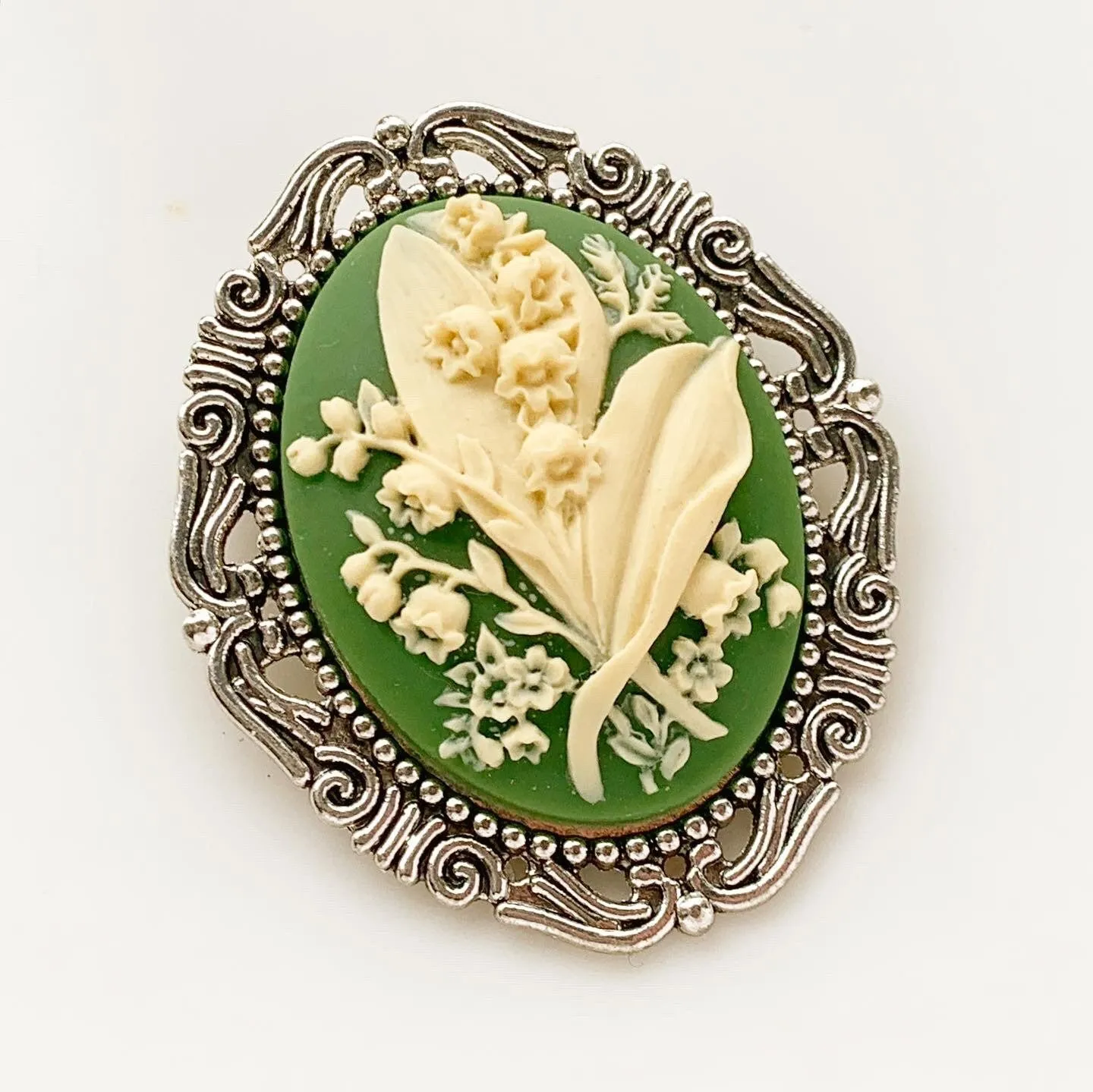 Lily of the Valley Cameo Brooch in Green and Silver