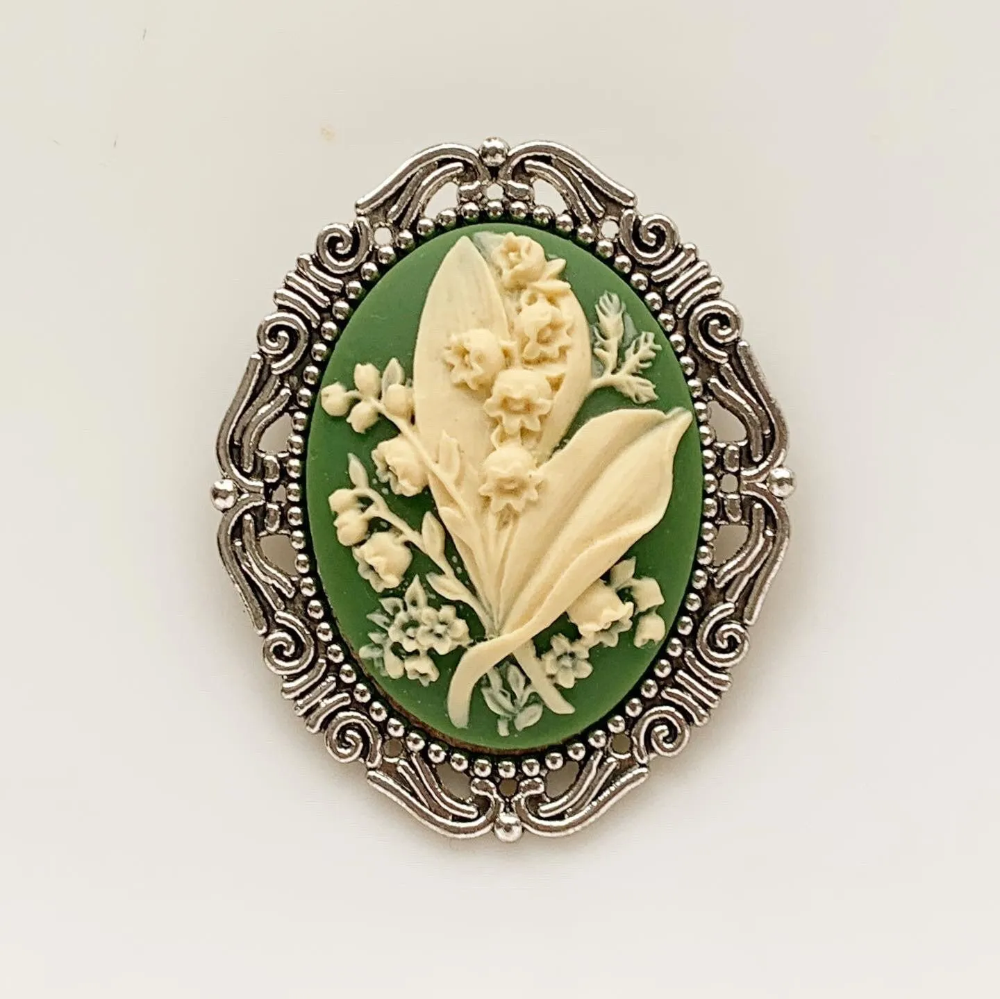 Lily of the Valley Cameo Brooch in Green and Silver