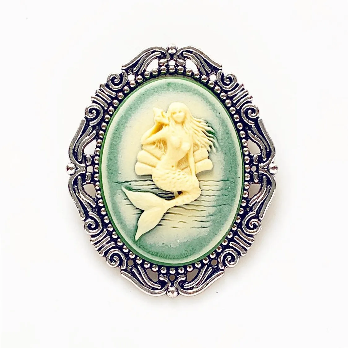 Mermaid Cameo Brooch in Silver Large Size