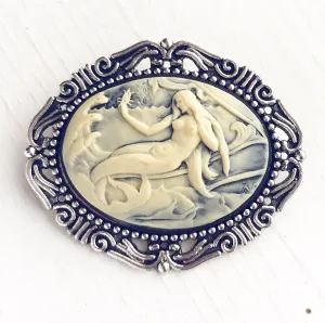 Mermaid Siren Cameo Brooch in Silver Large Size