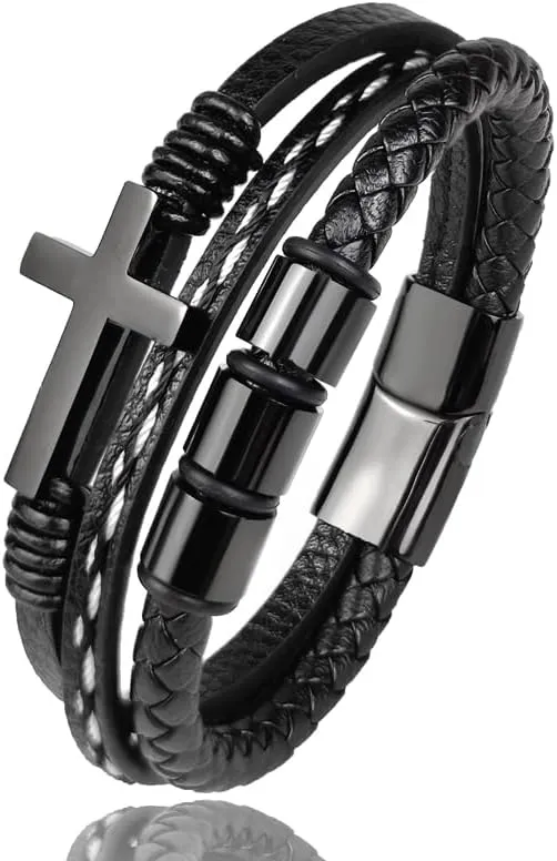Multi-Layer Braided Leather Bracelets Mens Cross Leather Bracelet Wristband Religious Leather Bracelets Men Customized Gifts for Dad Husband Boyfriend Son