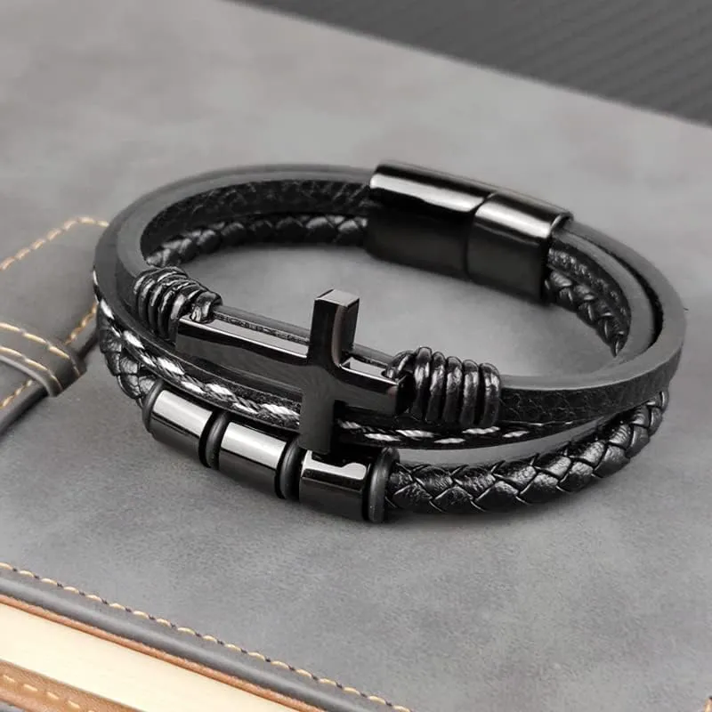 Multi-Layer Braided Leather Bracelets Mens Cross Leather Bracelet Wristband Religious Leather Bracelets Men Customized Gifts for Dad Husband Boyfriend Son