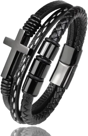 Multi-Layer Braided Leather Bracelets Mens Cross Leather Bracelet Wristband Religious Leather Bracelets Men Customized Gifts for Dad Husband Boyfriend Son