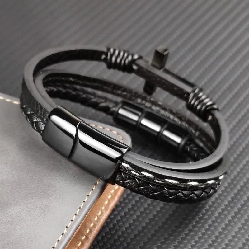 Multi-Layer Braided Leather Bracelets Mens Cross Leather Bracelet Wristband Religious Leather Bracelets Men Customized Gifts for Dad Husband Boyfriend Son