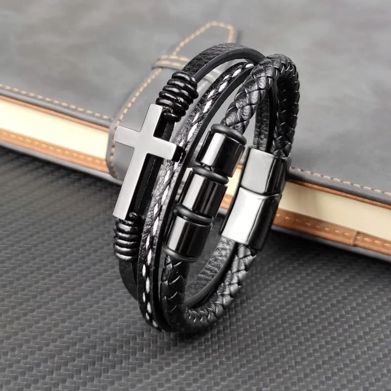 Multi-Layer Braided Leather Bracelets Mens Cross Leather Bracelet Wristband Religious Leather Bracelets Men Customized Gifts for Dad Husband Boyfriend Son