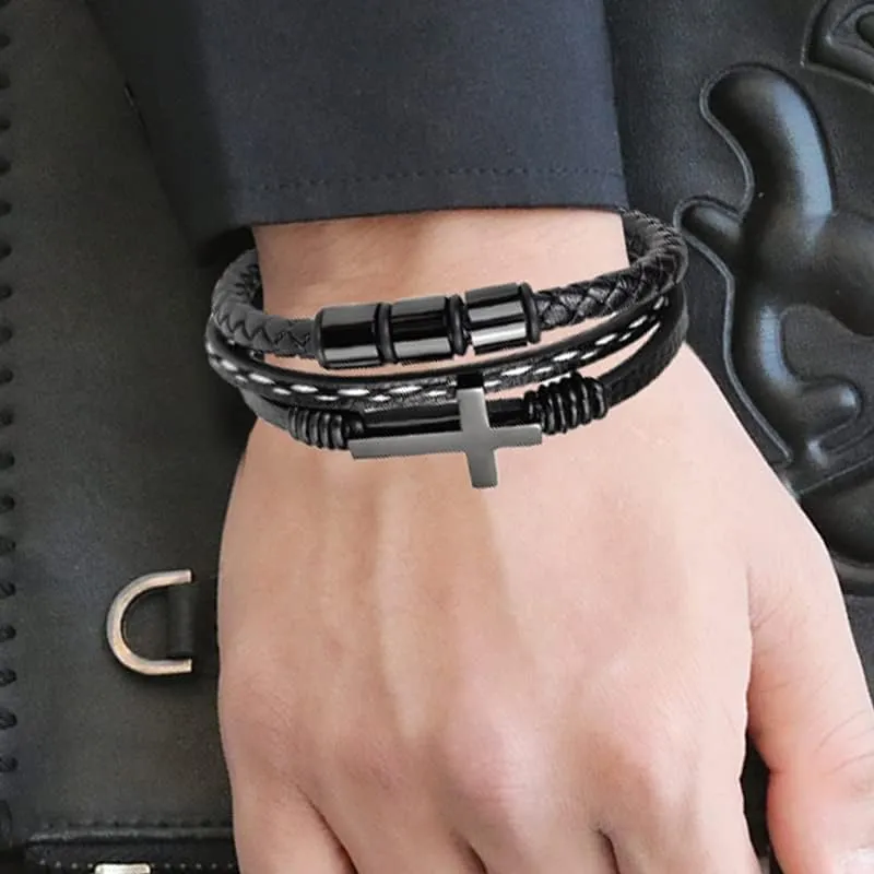 Multi-Layer Braided Leather Bracelets Mens Cross Leather Bracelet Wristband Religious Leather Bracelets Men Customized Gifts for Dad Husband Boyfriend Son