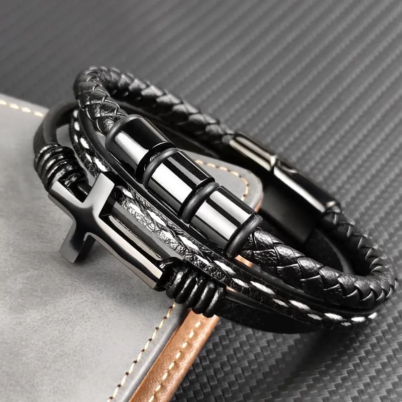 Multi-Layer Braided Leather Bracelets Mens Cross Leather Bracelet Wristband Religious Leather Bracelets Men Customized Gifts for Dad Husband Boyfriend Son