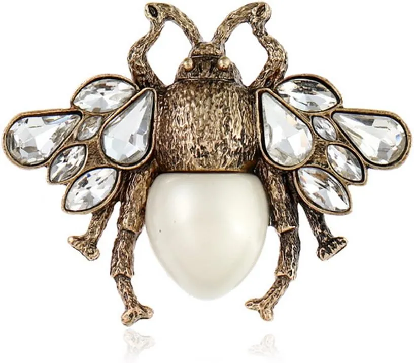 NOUMANDA Antique Gold Plated Crystal Pearl Bee Brooch Pin Retro Cute Bumblebee Pins Animal Insect Brooches Jewelry
