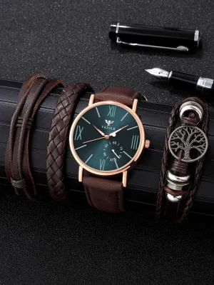 Stylish Men’s Round Quartz Watch with 3 Trendy Bracelets - Perfect Back-to-School Gift!