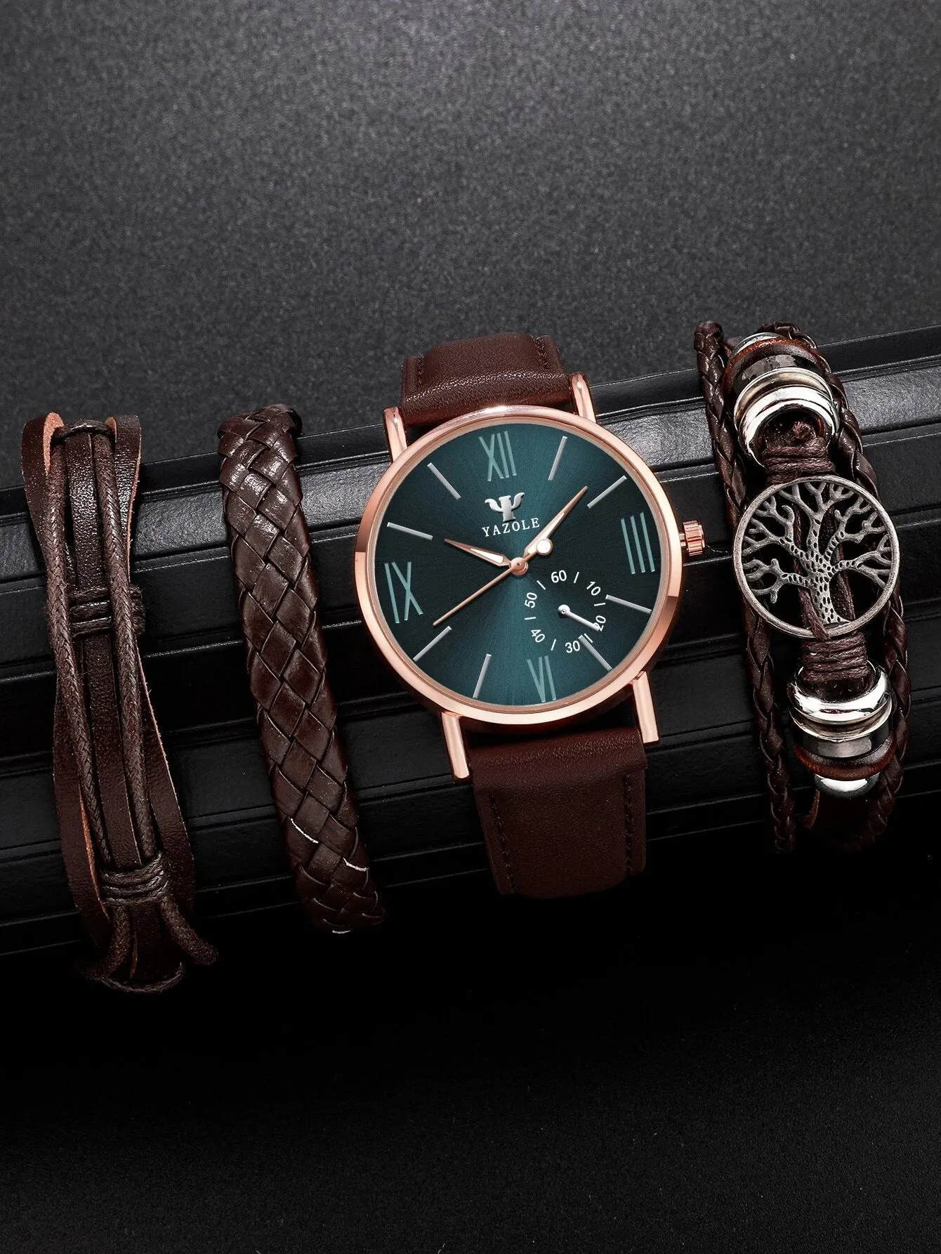 Stylish Men’s Round Quartz Watch with 3 Trendy Bracelets - Perfect Back-to-School Gift!