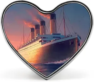 Titanic Sailing Ship on The Sunset Heart-Shaped Badge Aluminum Alloy Cute Brooch Badges Pins Pinback for Hats Jackets Shirts Bag