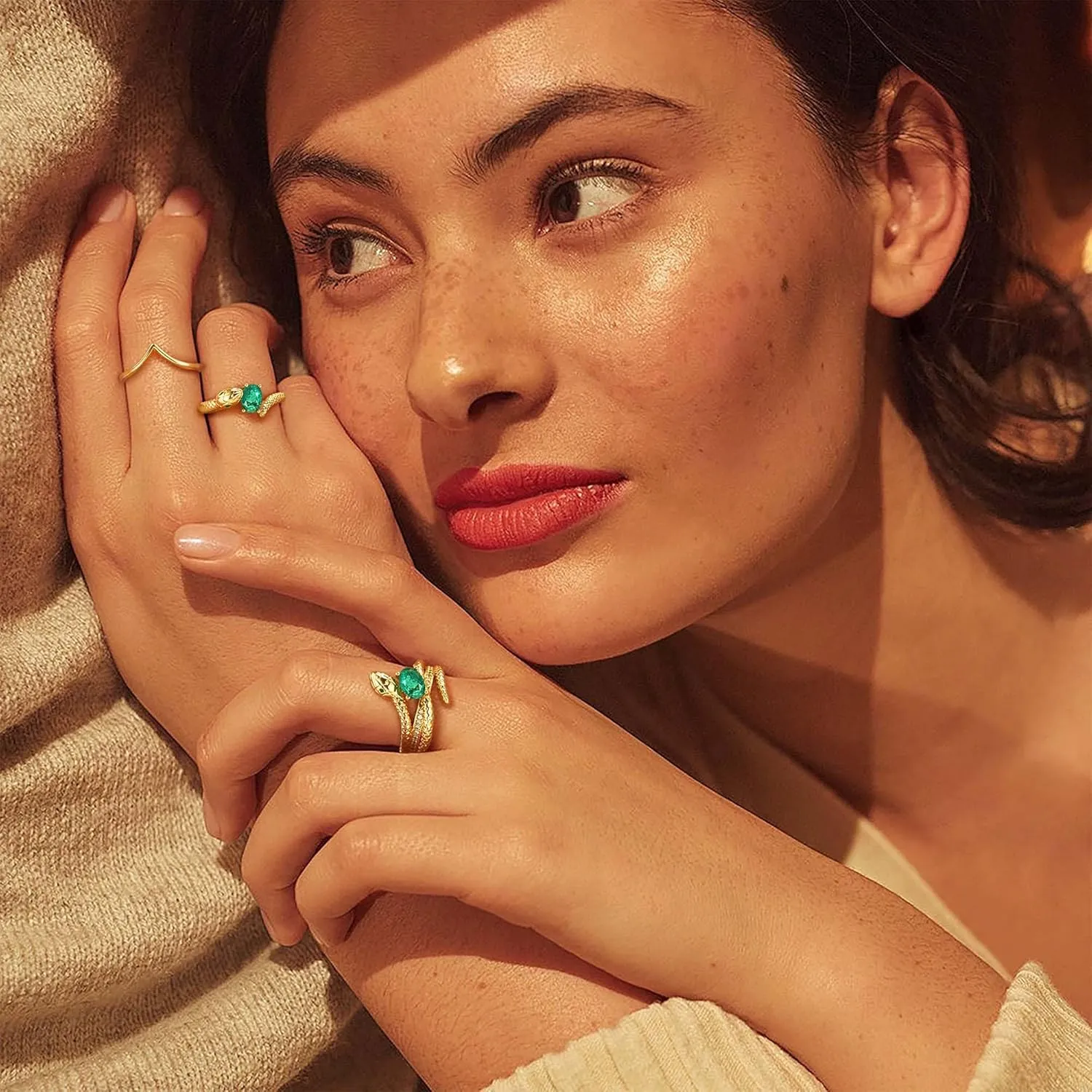 Valloey Rover Emerald Ring-Chunky Gold Rings for Women Non Tarnish 14K Gold Plated Stackable Vintage Snake Green Gemstone Solitaire Rings Statement Wedding Engagement Promise Ring Jewelry Gifts for Women Mom