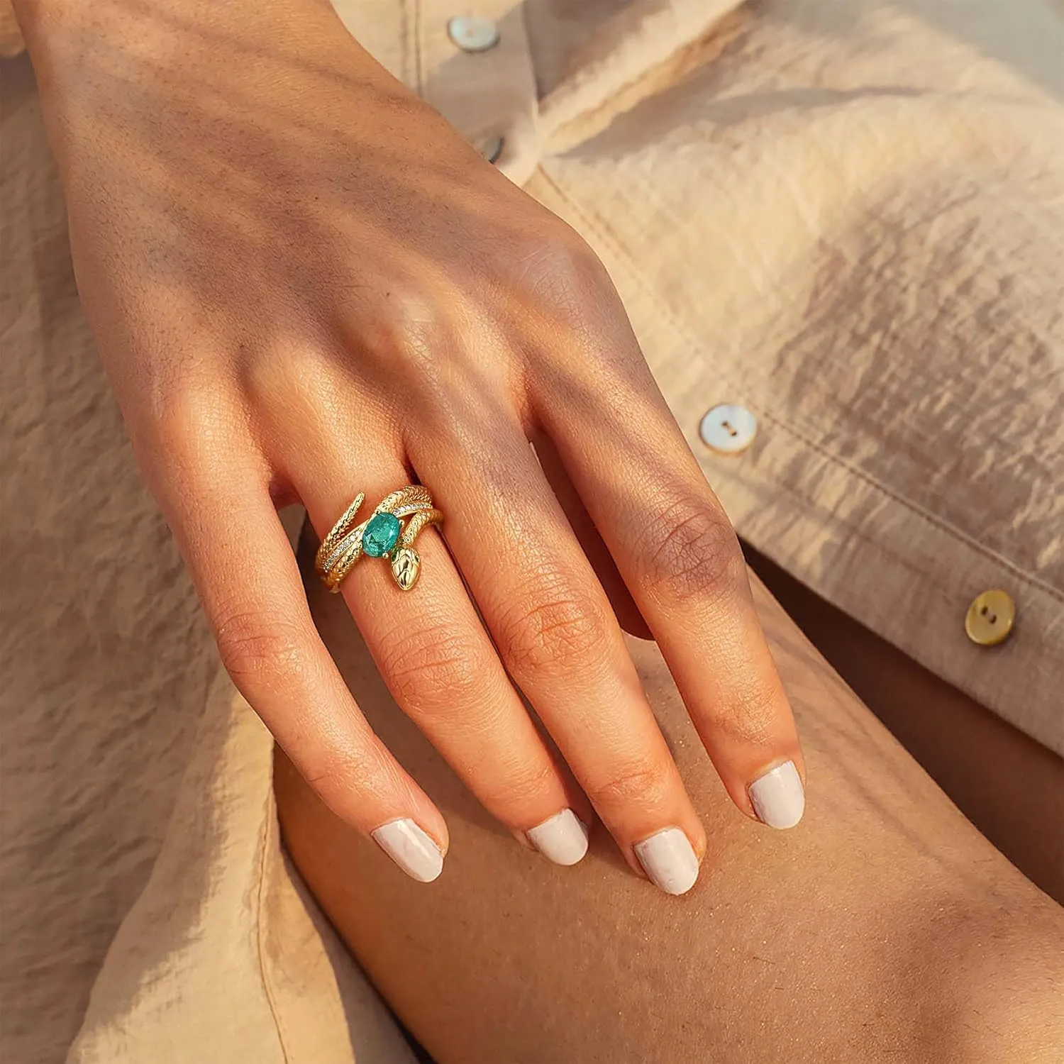 Valloey Rover Emerald Ring-Chunky Gold Rings for Women Non Tarnish 14K Gold Plated Stackable Vintage Snake Green Gemstone Solitaire Rings Statement Wedding Engagement Promise Ring Jewelry Gifts for Women Mom