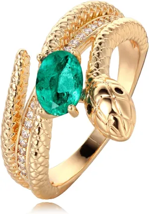 Valloey Rover Emerald Ring-Chunky Gold Rings for Women Non Tarnish 14K Gold Plated Stackable Vintage Snake Green Gemstone Solitaire Rings Statement Wedding Engagement Promise Ring Jewelry Gifts for Women Mom