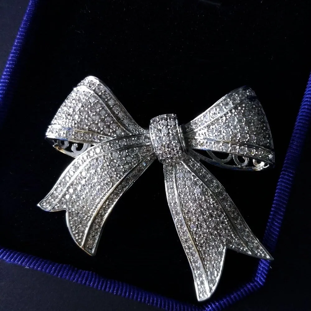 Victorian Vintage Gold Tone Full Micro Pave Ribbon Bow Brooches Pins Women Accessory