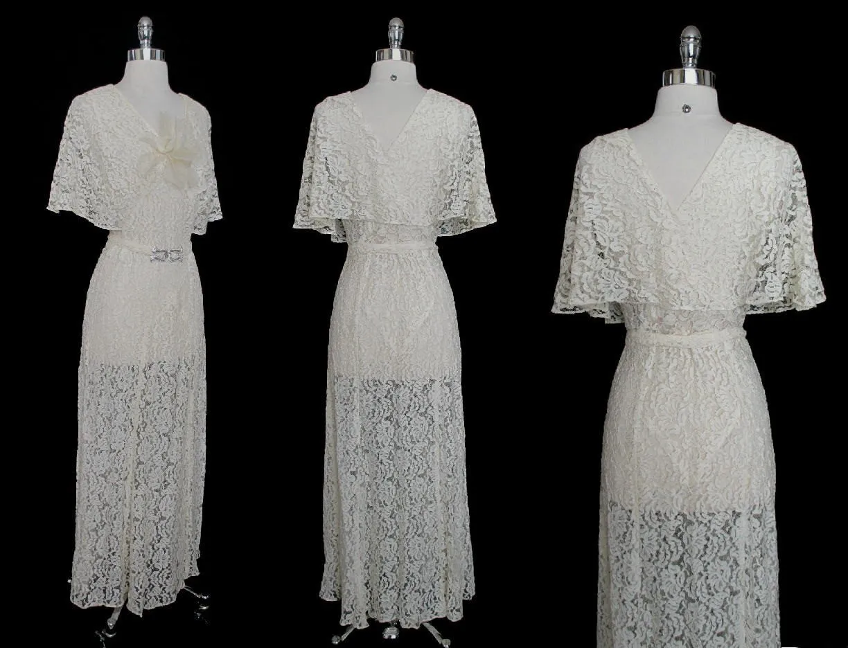 Vintage 30's Antique White Lace Wedding Special Occasion Gown Dress M