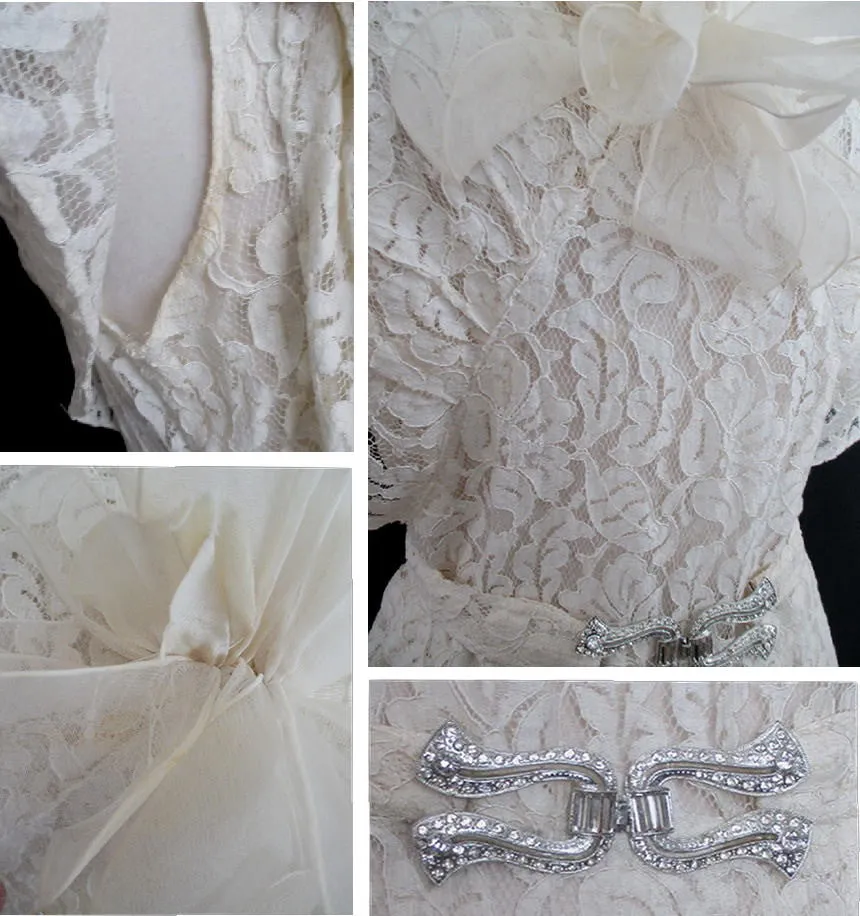 Vintage 30's Antique White Lace Wedding Special Occasion Gown Dress M