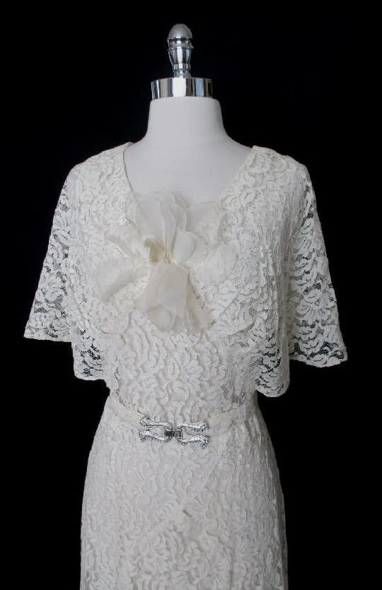 Vintage 30's Antique White Lace Wedding Special Occasion Gown Dress M