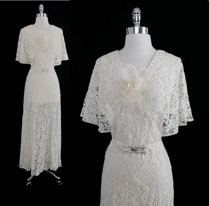 Vintage 30's Antique White Lace Wedding Special Occasion Gown Dress M